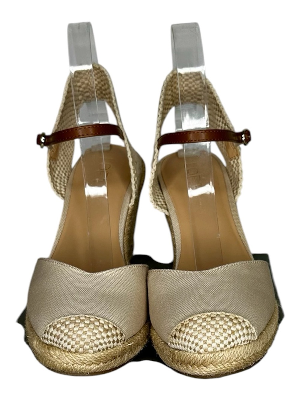 LOFT Neutral Canvas Espadrille Wedge Sandals with Brown Ankle Strap Size 9